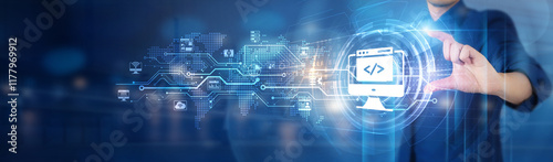 Web Development. Businessman hold responsive web network connecting icon frontend design development, backend database management hosting cloud server full-stack web solution. photo