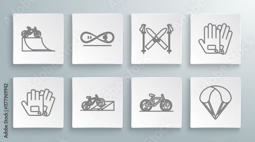 Set line Gloves, Skateboard trick, Bicycle on street ramp, Parachute, Ski and sticks, and icon. Vector
