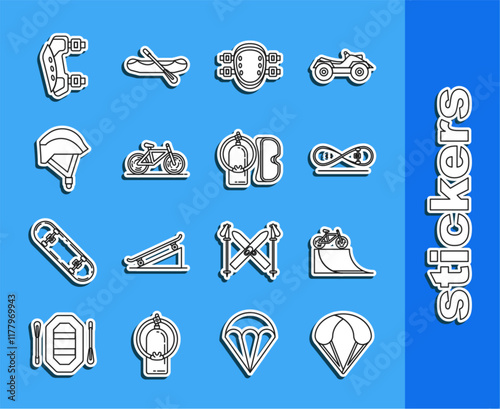 Set line Parachute, Bicycle on street ramp, Skateboard trick, Knee pads, helmet, and Diving mask and aqualung icon. Vector