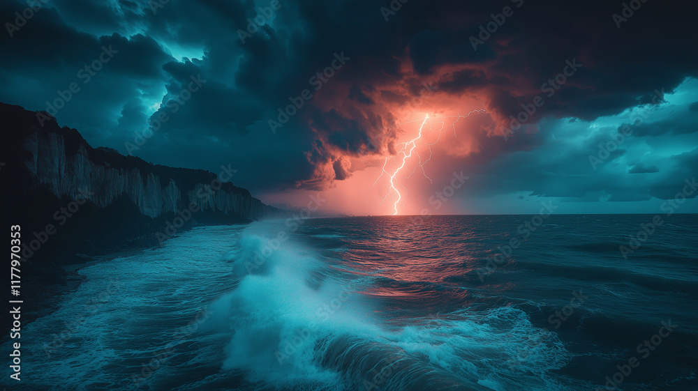 thunderstorm at sea weather phenomenon waves breakage near the sea in bad weather landscape beautiful shot thunderstorm at sea weather phenomenon waves breakage near the sea in bad weather landscape beautiful shot