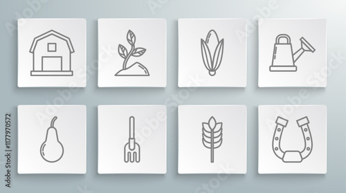 Set line Pear, Sprout, Garden rake, Cereals with rice, wheat, corn, oats, rye, Horseshoe, Corn, Watering can and Farm House concept icon. Vector