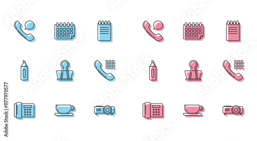 Set line Telephone, Coffee cup flat, handset and speech bubble chat, Presentation, movie, film, media projector, Binder clip, Marker pen and Calendar icon. Vector