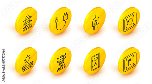 Set line Electric light switch, Electrical cabinet, High voltage power pole line, Solar energy panel and sun, plug, Charger and icon. Vector