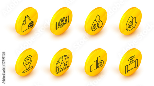 Set line Industry metallic pipes and valve, Motor gas gauge, Refill petrol fuel location, Drop crude oil price, Oil drop with symbol, and Antifreeze canister icon. Vector