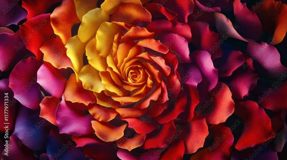 Naklejka premium Vibrant rose petals swirl in warm, saturated colors.
