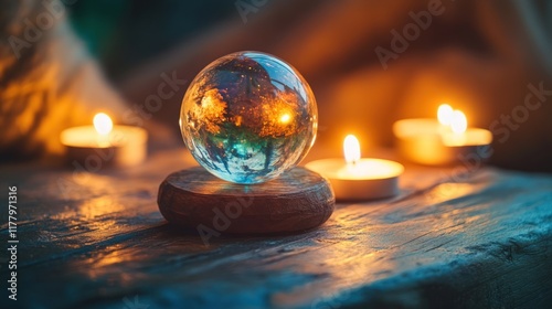 A glowing crystal ball on a wooden table, surrounded by soft candlelight photo