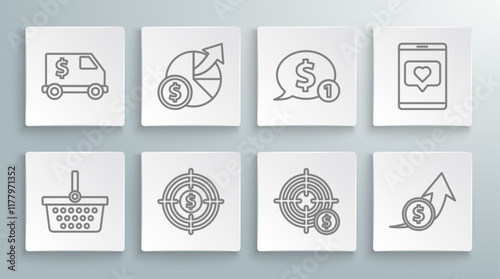 Set line Shopping basket, Money and diagram graph, Target with dollar, symbol, Financial growth coin, Speech bubble, Mobile phone like heart and Armored truck icon. Vector