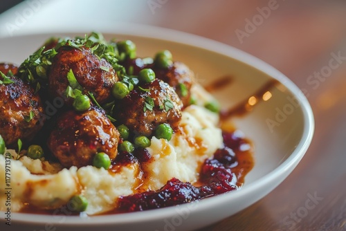 Swedish Meatballs with Mashed Potatoes, Cranberry Marmalade, and Peas on a Plate - Close-Up, Bright Light, Flat Lay - Perfect for Food Blog or Restaurant Menu photo