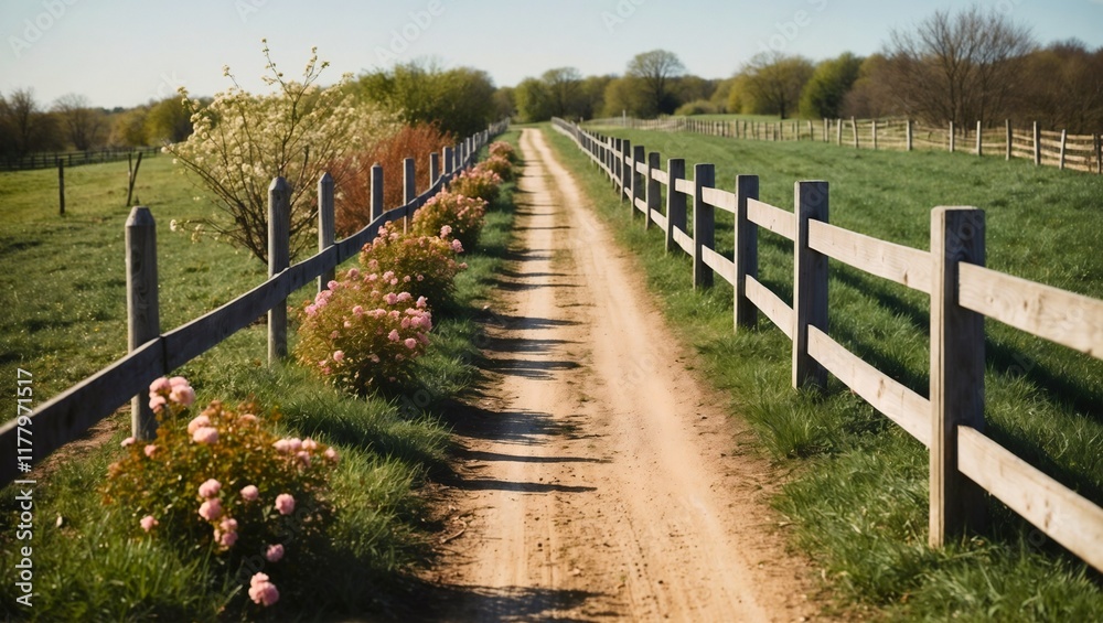 A dirt trail winds through the countryside, bordered by a weathered wooden fence and vibrant flowering shrubs. Springtime background.
A dirt trail winds through the countryside, bordered by a weathered wooden fence and vibrant flowering shrubs. Springtime background.