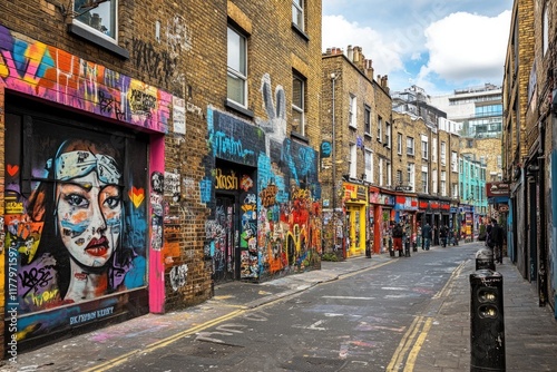 Graffiti art in Brick Lane  London  UK. Vintage shopping.