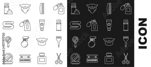 Set line Scissors hairdresser, Hairbrush, Shaving gel foam, Aftershave bottle with atomizer, Towel, and Cream lotion cosmetic tube icon. Vector