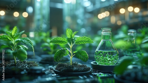 Young green plants growing in a futuristic laboratory setting with a beaker of vibrant green solution, emphasizing advanced agricultural research and sustainable plant biotechnology photo