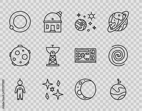 Set line Astronaut, Moon with flag, Space and planet, Planet, Satellites orbiting the Earth, dish, and Black hole icon. Vector