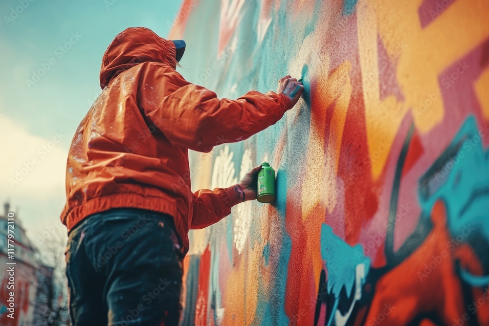Naklejka premium Urban artist creates colorful graffiti mural with green spray paint.