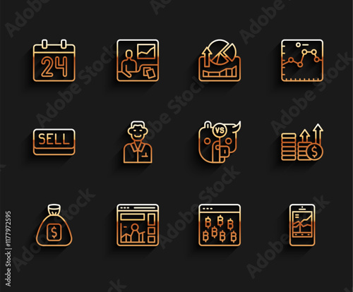 Set line Money bag, Website with growth graph, Calendar, Bitcoin in browser, Mobile stock trading, Trader, Financial and dollar and Bull bear of market icon. Vector