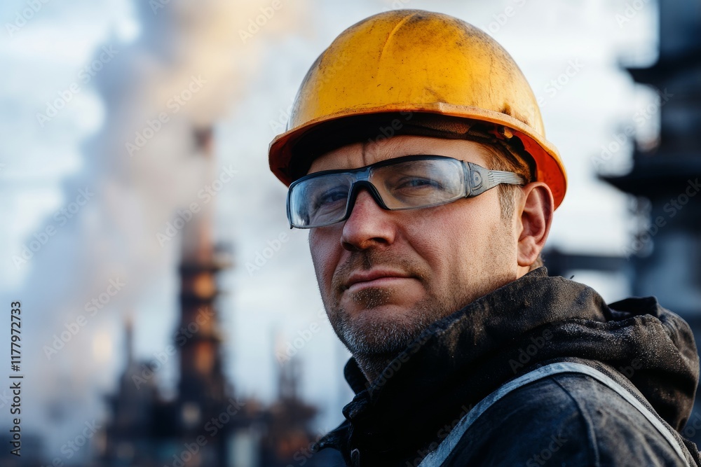 Worker in Hard Hat Standing in Front of a Coal-Fired Power Plant Worker in Hard Hat Standing in Front of a Coal-Fired Power Plant