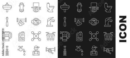 Set line Industry metallic pipe, Water filter, tap, Gas boiler, Broken, Screwdriver, Washbasin and meter icon. Vector