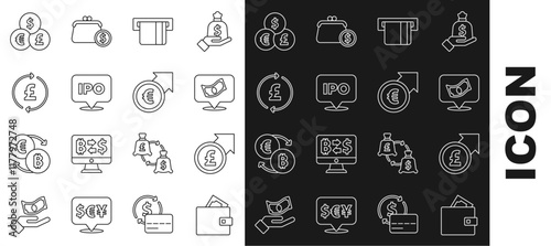 Set line Wallet with money, Financial growth and pound, Stacks paper cash, Credit card inserted, IPO, Coin, Currency exchange and euro icon. Vector