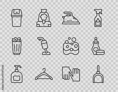 Set line Bottle of liquid soap, Dustpan, Electric iron, Hanger wardrobe, Trash can, Vacuum cleaner, Rubber gloves and Dishwashing bottle icon. Vector