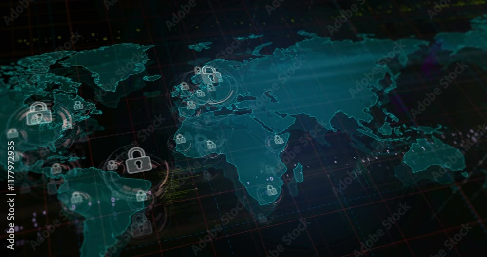 Cyber security and computer data protection with padlock symbols over world map. Seamless looped technology concept.