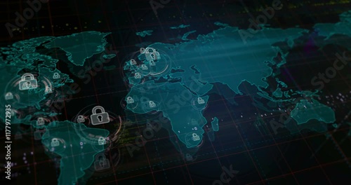 Cyber security and computer data protection with padlock symbols over world map. Seamless looped technology concept.