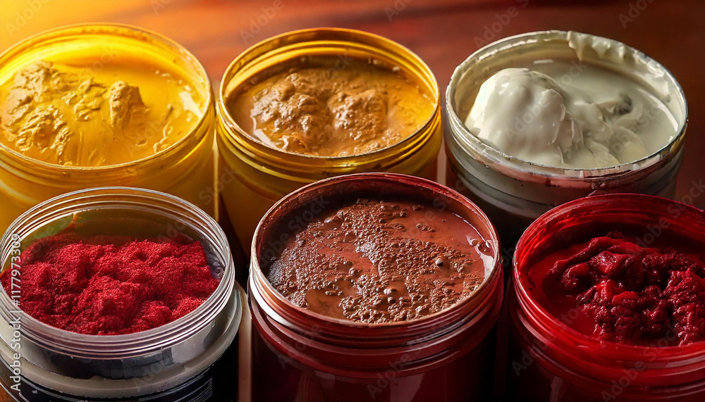 Vibrant Array of Pigment Jars Featuring Rich Textures and Earthy Tones Vibrant Array of Pigment Jars Featuring Rich Textures and Earthy Tones