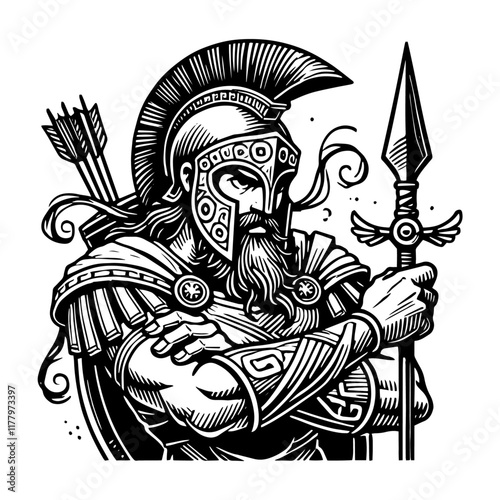 vector illustration of a warrior in armor holding a spear in black and white