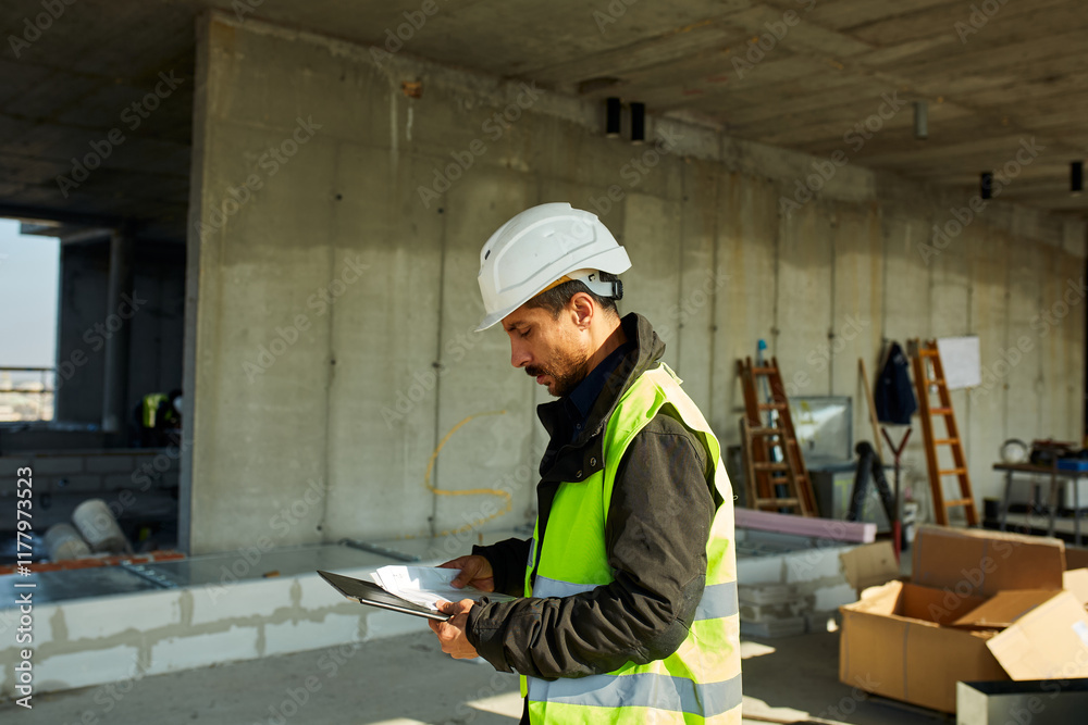 Portrait of an engineer looking at the project papers