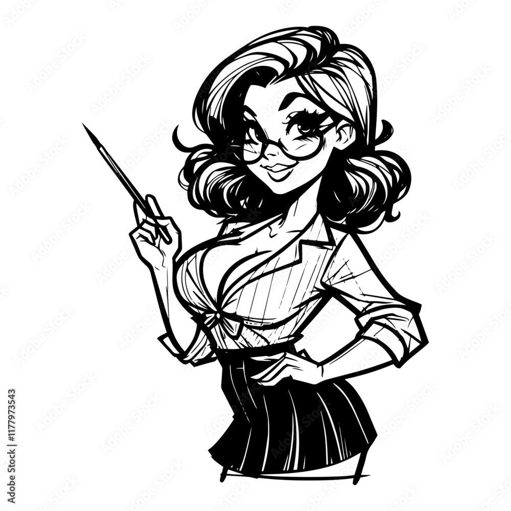 detailed monochrome artwork of a classic pin-up girl with a confident pose