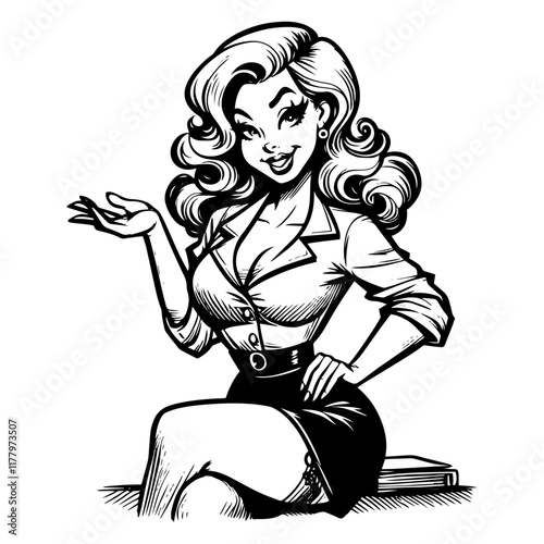 artistic depiction of a glamorous pin-up girl in black and white design