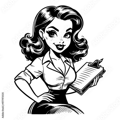 elegant black and white illustration of a pin-up girl in vintage style