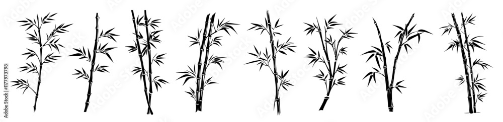 Obraz premium artistic collection of hand-drawn bamboo stalks and leaves
