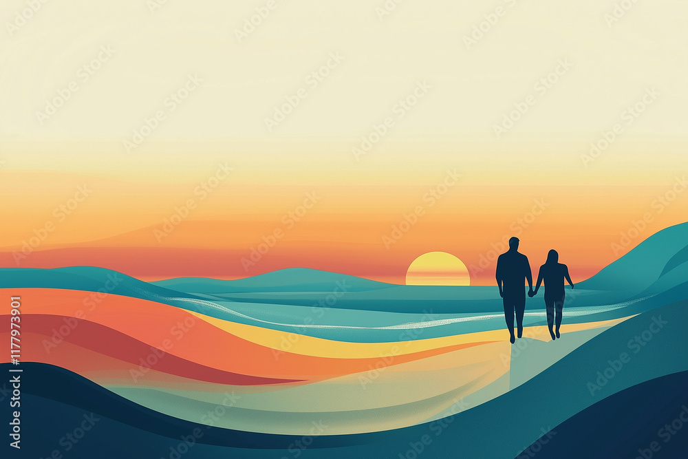 A couple walking hand in hand along a serene beach at sunset with colorful rolling waves and hills blending into the warm horizon A couple walking hand in hand along a serene beach at sunset with colorful rolling waves and hills blending into the warm horizon