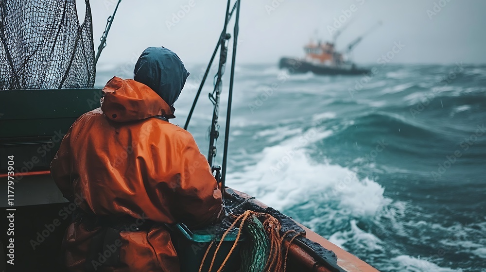 A Fisherman in an Orange Raincoat on a Boat in Rough Seas A Fisherman in an Orange Raincoat on a Boat in Rough Seas