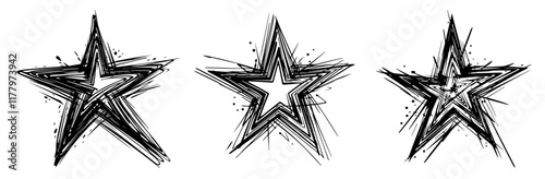 black and white illustration of three abstract stars with dynamic lines