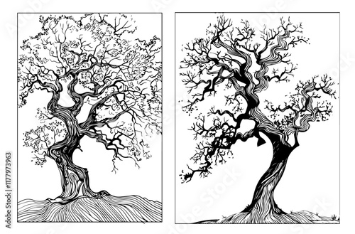 hand-drawn vector trees featuring abstract and expressive branch structures