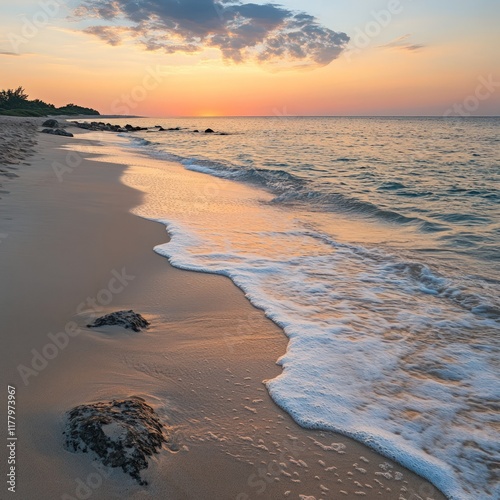 A peaceful beach with soft sand, gentle waves lapping the shore, and a few scattered rocks with a warm sunset casting hues of pink and orange photo