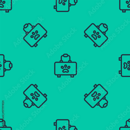 Blue line Pet first aid kit icon isolated seamless pattern on green background. Dog or cat paw print. Clinic box. Vector