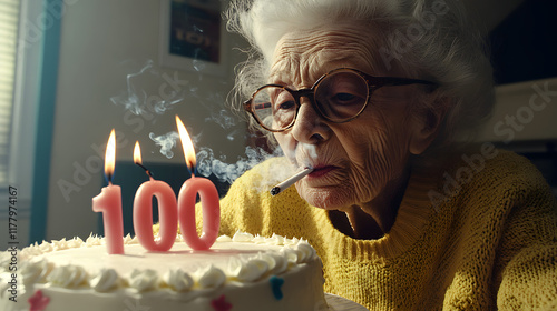 Humorous portrait of a centenarian woman celebrating her 100th birthday with candlelight cake smoking a cigarette