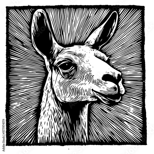 engraving-inspired black and white vector of a llama in classic style