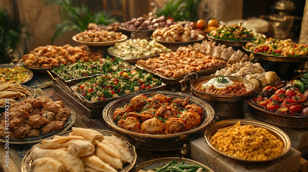 Middle Eastern buffet spread on table in ornate room, ready for feast. Middle Eastern buffet spread on table in ornate room, ready for feast.