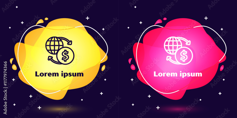 Set line Money exchange icon isolated on blue background. Euro and Dollar cash transfer symbol. Banking currency sign. Abstract banner with liquid shapes. Vector