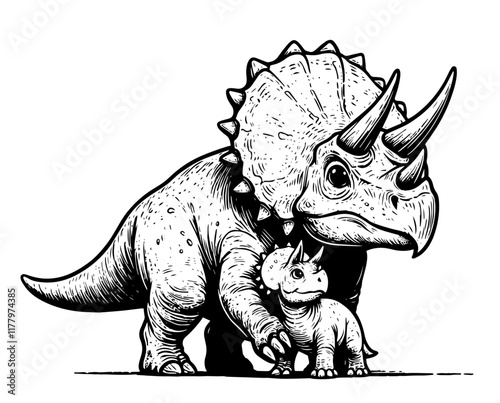 artistic depiction of a triceratops with detailed horns and frill