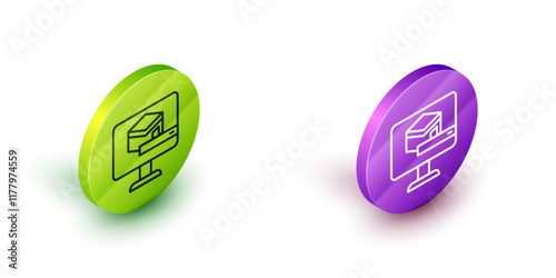 Isometric line Kaaba mosque icon isolated on white background. Kaaba hajj Mecca pray pilgrimage Ramadan Islam muslim mosque. Green and purple circle buttons. Vector