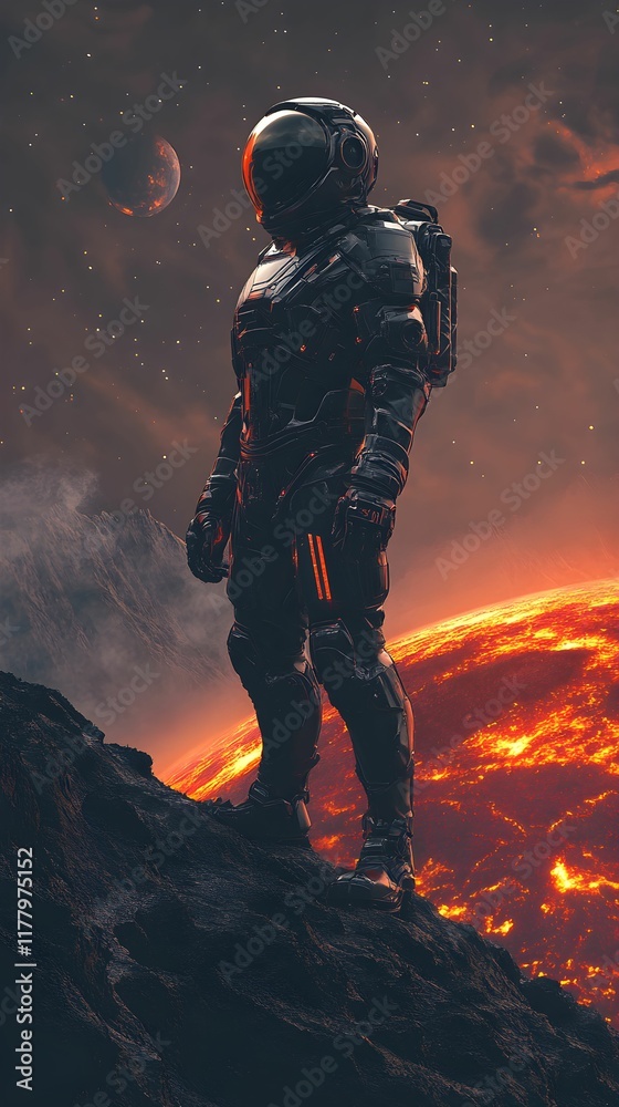 Astronaut stands on a volcanic planet with dramatic space background Astronaut stands on a volcanic planet with dramatic space background