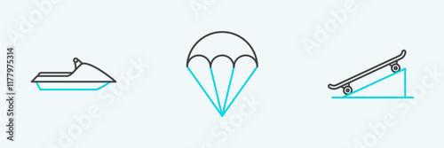 Set line Skateboard on street ramp, Jet ski and Parachute icon. Vector