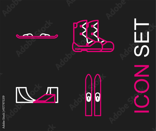 Set line Ski and sticks, Skate park, Boots and Snowboard icon. Vector