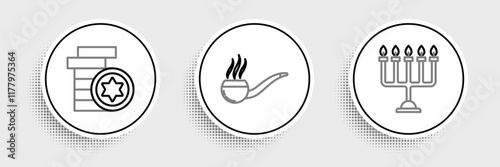 Set line Hanukkah menorah, Jewish coin and Smoking pipe with smoke icon. Vector