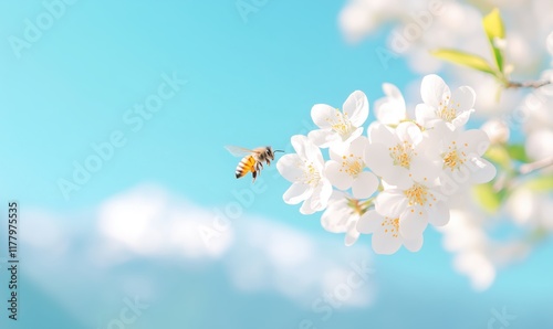 Apple tree blossom branch, a bee flies to the flower, on the background of mountains and sea, spring sunny day