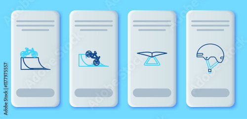 Set line Bicycle on street ramp, Hang glider, and Helmet icon. Vector